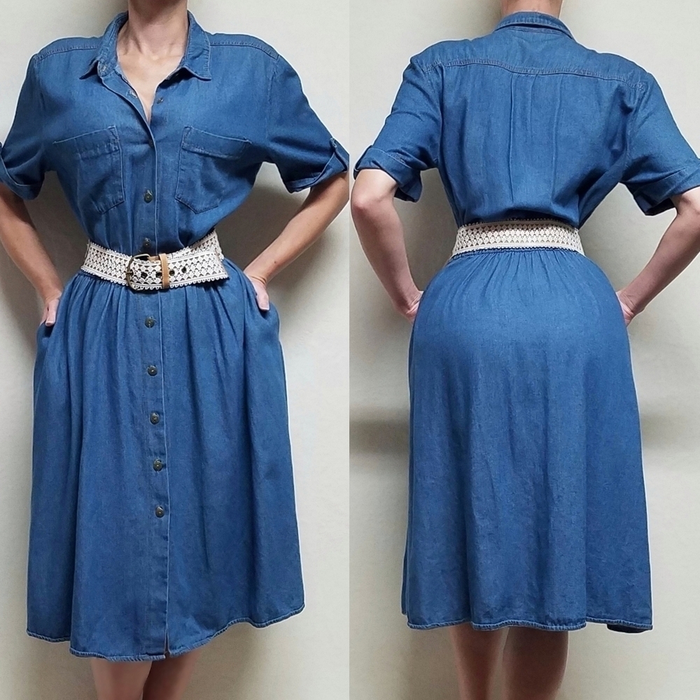 Vintage 90s KDK Light Wash Blue Chambray Lace Belted Side Pocket Midi Dress 14